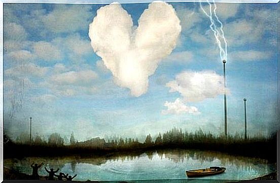 Heart-shaped cloud over a lake.