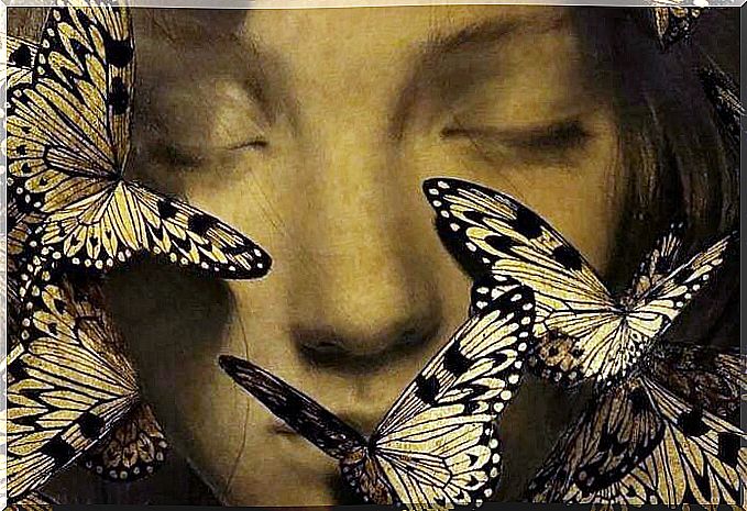 girl with eyes closed with butterflies